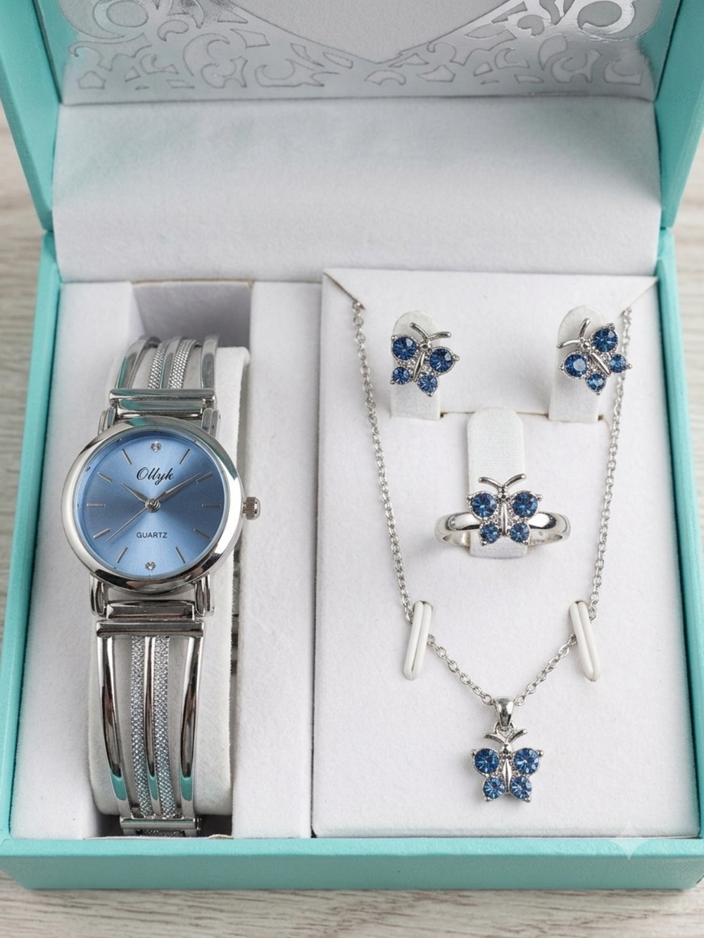 ONYK Silver-Tone Blue Crystal Butterfly Jewelry Set and Watch NIB